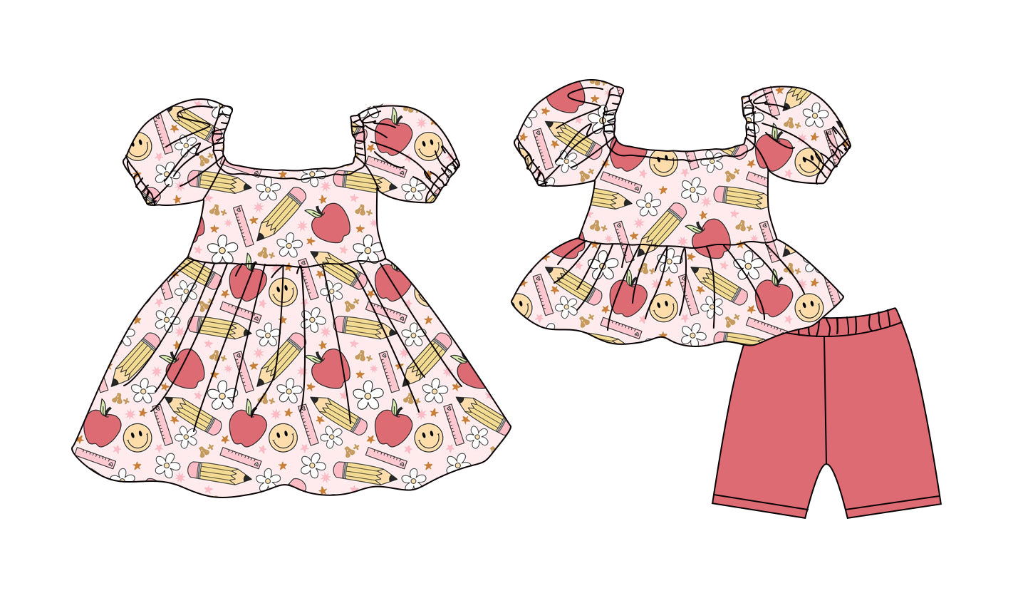 ( Moq 5 Each Style ) Baby Girls Kids Short Sleeves Pencil Flower Sibling Back to School Dress Set