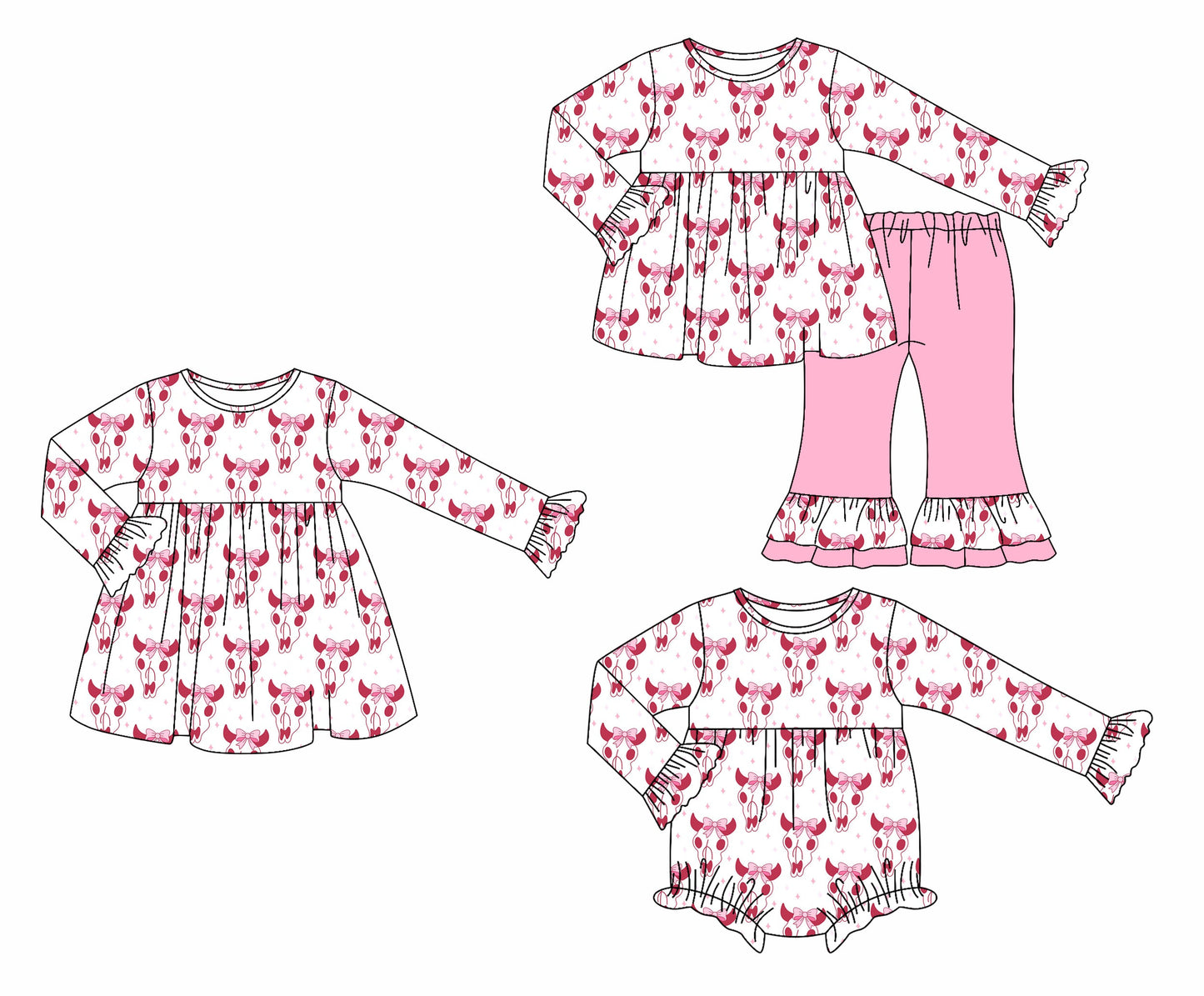 ( Moq 5 Each Style ) Baby Girl Toddler Bull Skull Bows Sibling Western Romper Dress Set