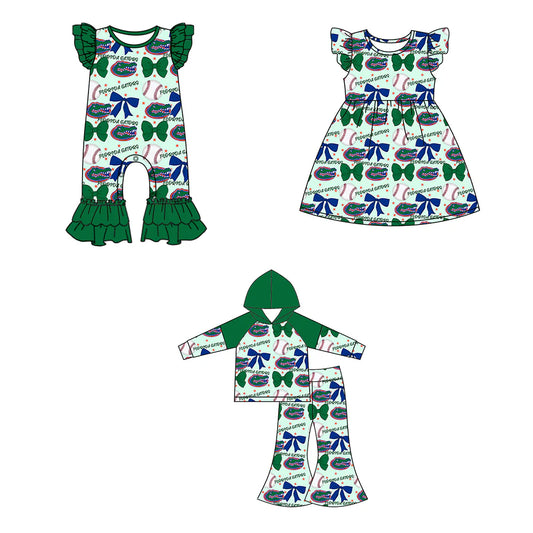 ( Moq 5 each style ) Baby Girl Toddler Team Bows Baseball Green Sibling Romper Dress Set 6.13