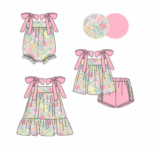 ( Moq 5 Each Style ) Sibling Baby Girls Kids Pink Flower Romper Dress Set Summer Clothes