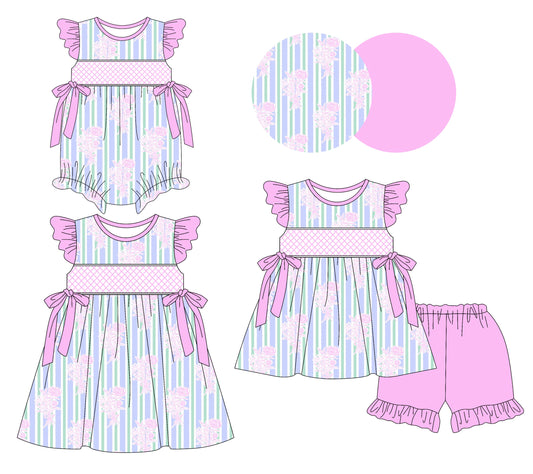 Baby Girl Purple Short Sleeves Bows Flower Sibling Romper Dress Set ( Moq 5 Each Style ) 3.7