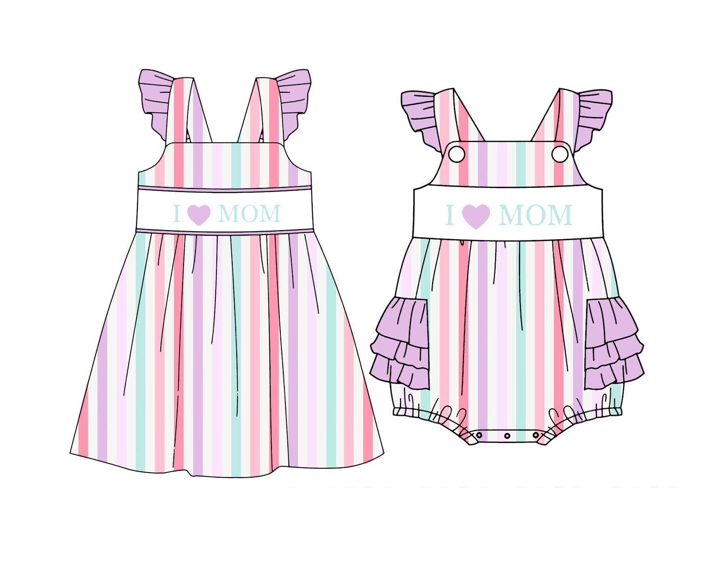 ( Moq 5 Each Style ) Baby Girls Kids I Love Mom Sibling Purple Ruffle Stripes Romper Dress