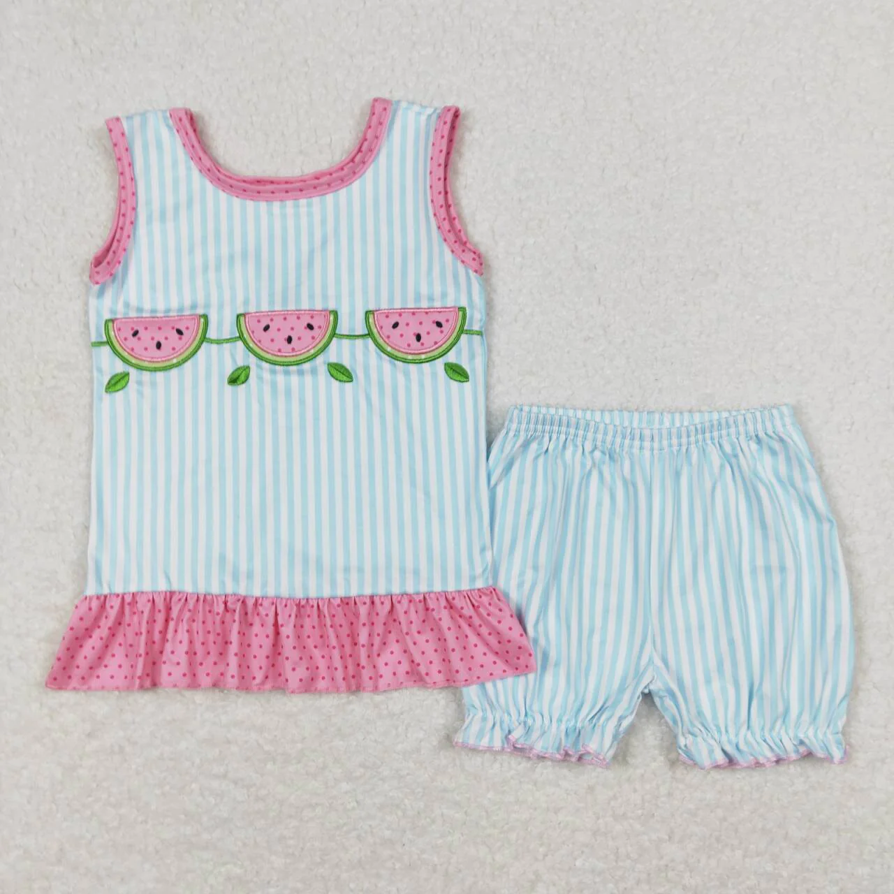 Baby Girl Sleeveless Embroidery Watermelon Tops Stripes Shorts Summer Set