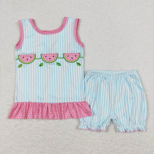 Baby Girl Sleeveless Embroidery Watermelon Tops Stripes Shorts Summer Set