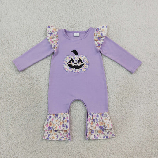 Baby Kids Infant Embroidery Halloween Pumpkin Bow Flower Purple Romper Clothes RTS