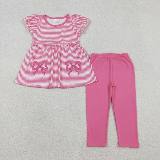 Baby Girls Short Sleeves Stripes Bows Embroidery Tunic Pink Leggings Clothes Set RTS