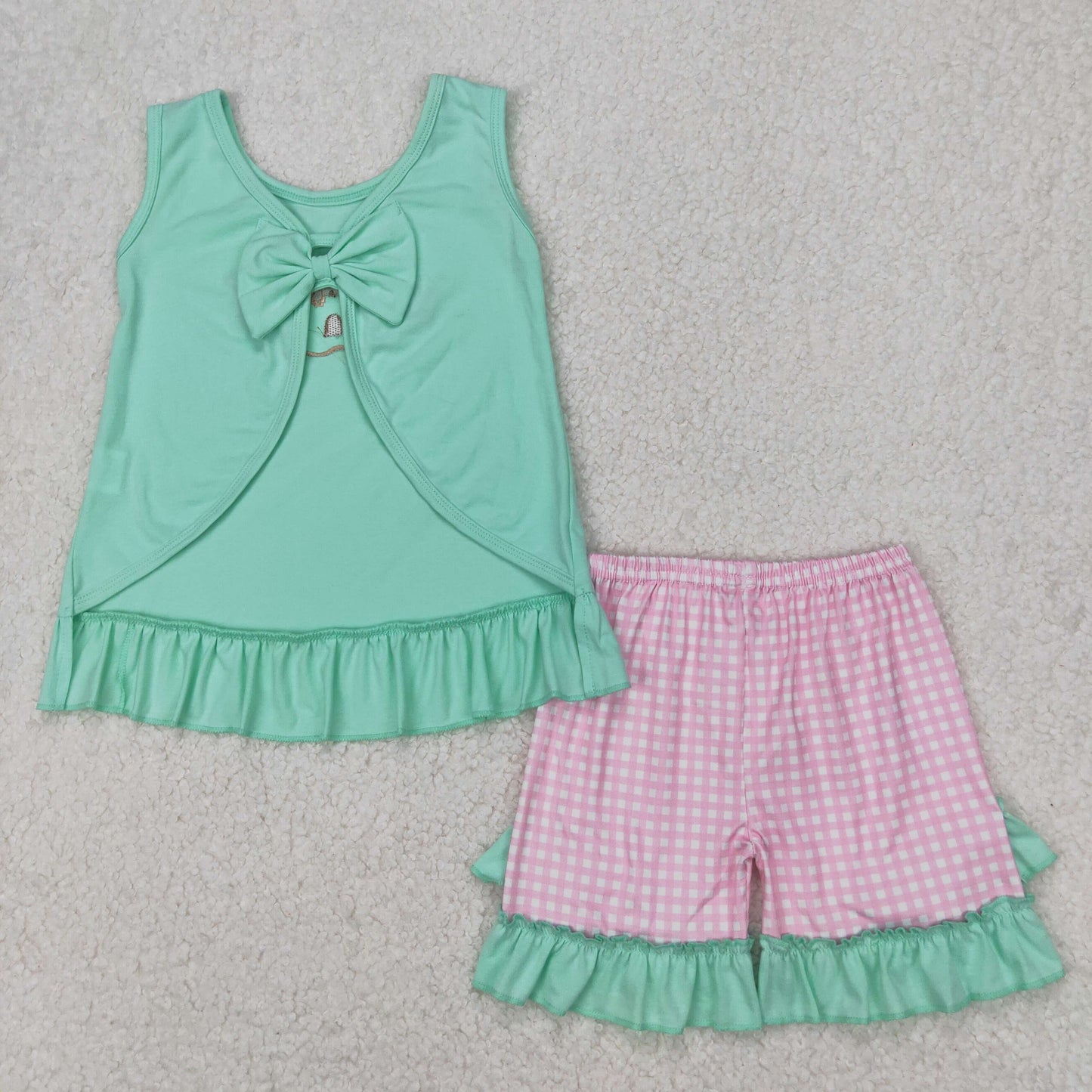 Baby Girl Sleeveless Embroidery Castle Shell Tops Checked Ruffle Shorts Clothes Set RTS