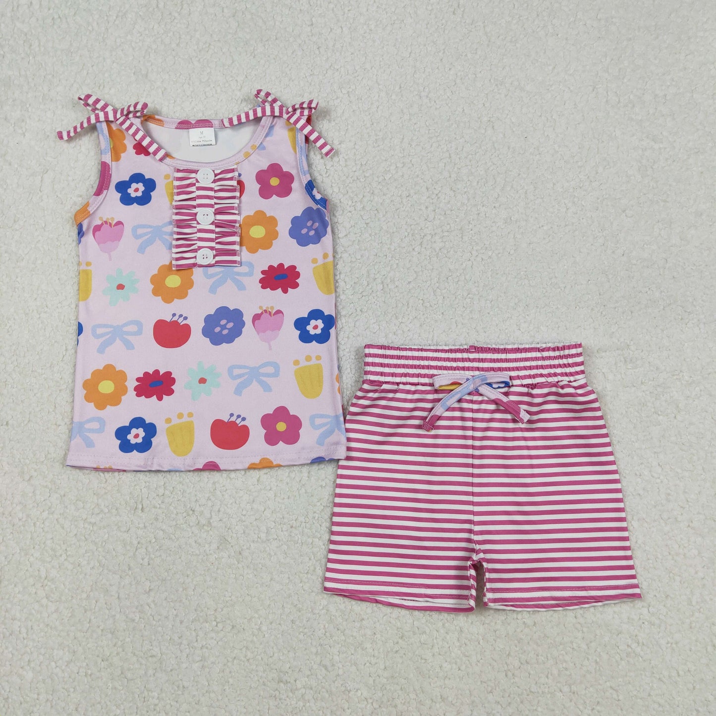 Baby Girls Straps Flower Buttons Tops Stripes Shorts Clothes Set RTS