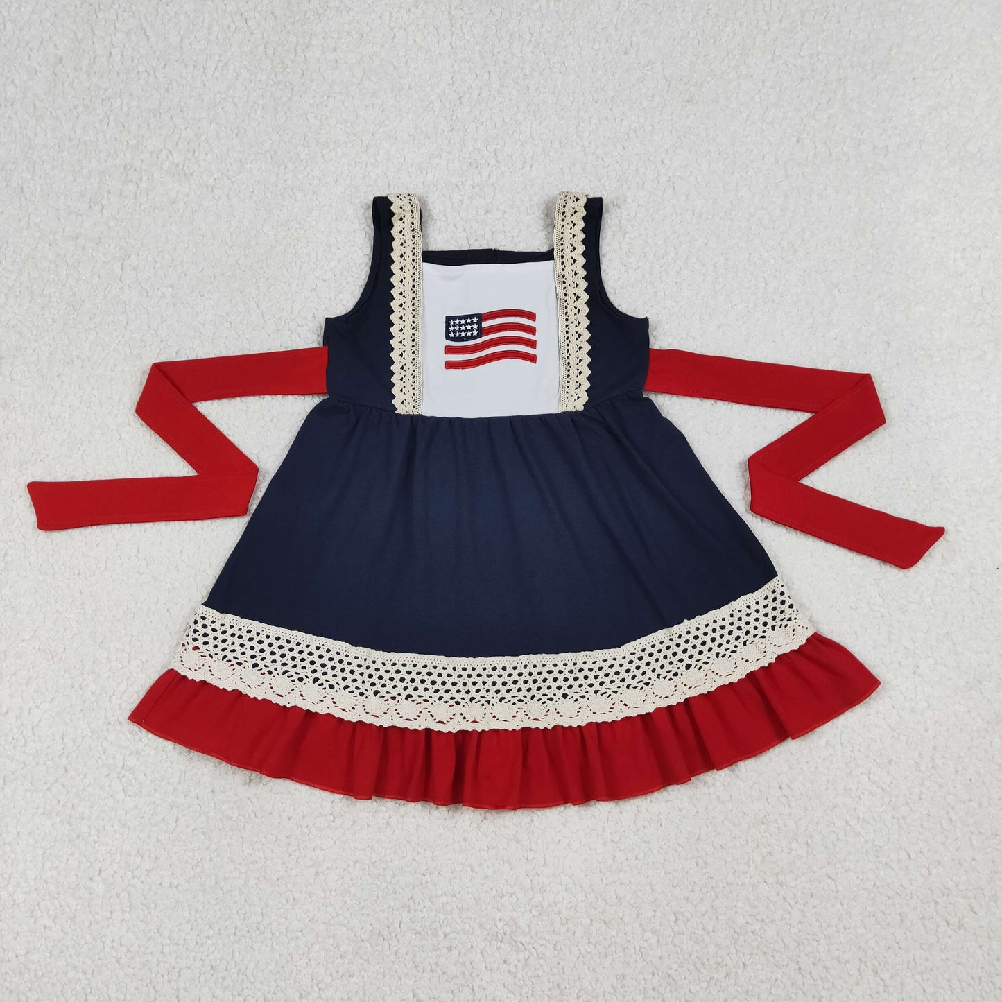 Baby Girls Kids Sleeveless Embroidery Flags 4th of July Knee Length Dress Summer Clothes RTS
