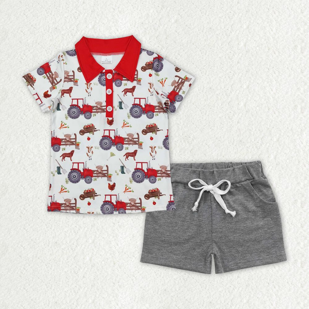 Baby Boy Short Sleeves Farm Trucks Buttons Shirt Grey Pockets Cotton Shorts Set