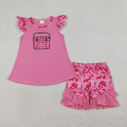 Baby Girls Pink Short Sleeves Embroidery Box Tops Camo Ruffle Shorts Hunting Clothes Set RTS