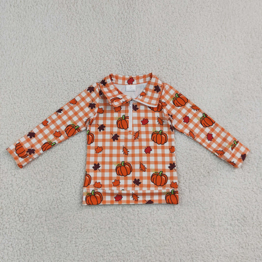 Toddler Kids Long Sleeves Pumpkins Orange Plaid Zipper Pullover Fall Shirt Tops Clothes RTS
