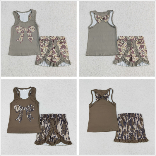 Baby Girl Toddler Sleeveless Bows Tops Camo Shorts Sibling Clothes Set RTS