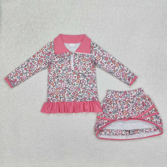 Baby Girl Long Sleeves Zipper Pink Ruffle Shirt Flower Skirts Clothes Set RTS