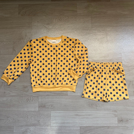 ( No moq ) Preorder Baby Girls Kids Long Sleeves Navy Dots Shirt Pockets Shorts Set Clothes