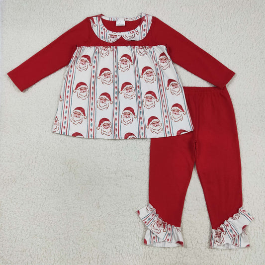 Baby Girl Long Sleeves Santa Christmas Tunic Ruffle Red Pants Set RTS