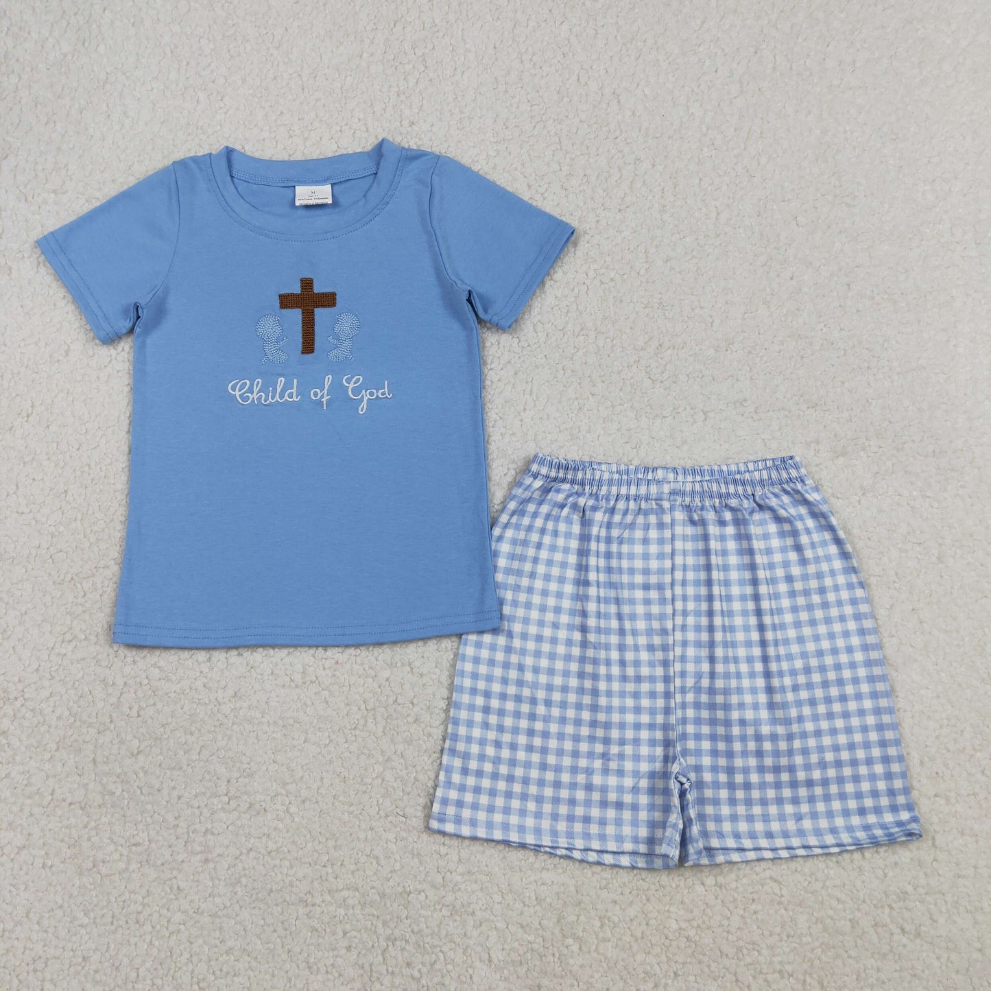 Baby Boys Short Sleeves Embroidery Cross Shirt Blue Plaid Shorts Easter Clothes Set RTS