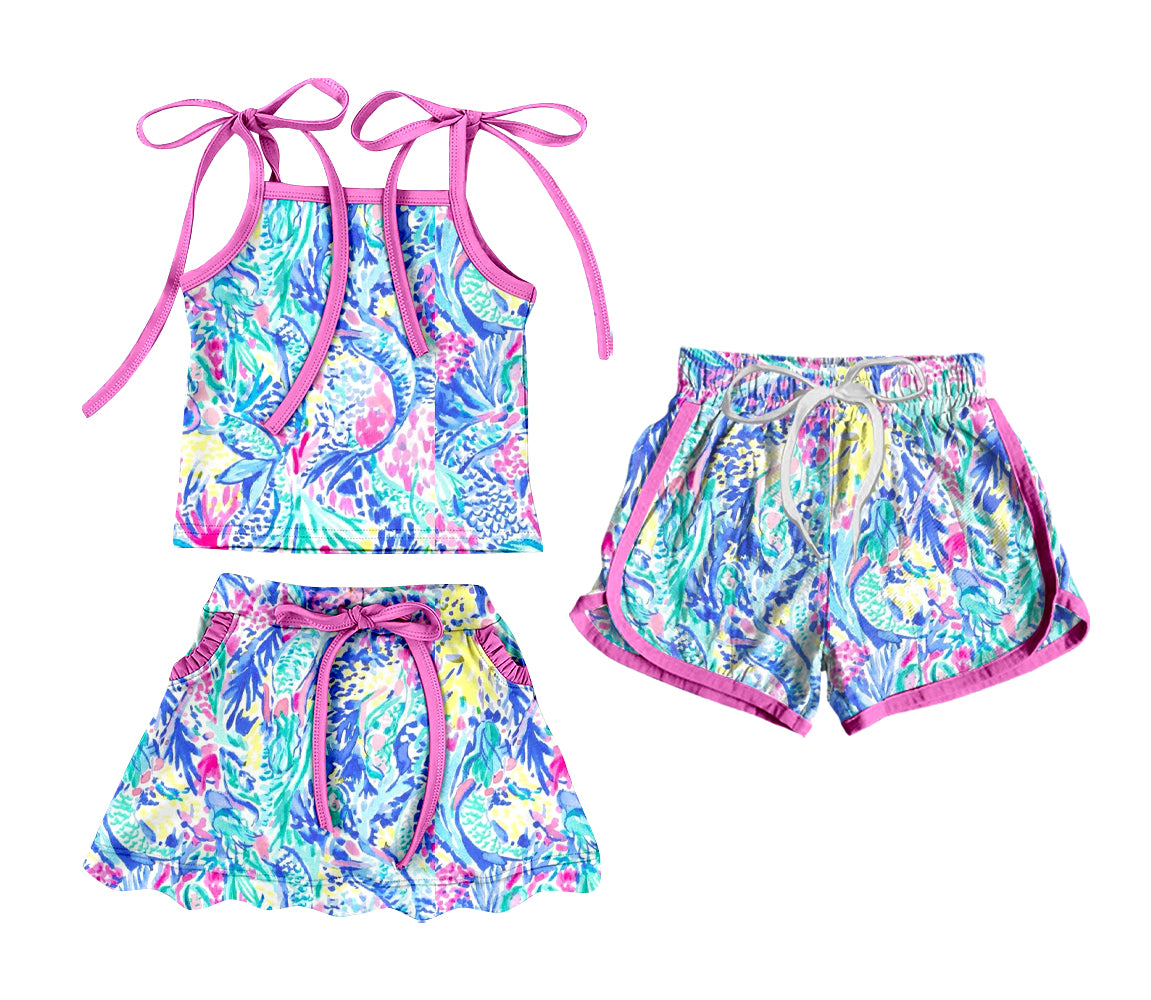 ( Moq 5 Each Style ) Sibling Baby Girls Kids Straps Fish Tops Skort Set Shorts Summer Clothes
