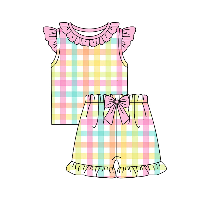 ( Moq 5 ) Preorder Baby Girl Kids Pink Short Sleeves Plaid Tops Bows Shorts Set Summer Clothes