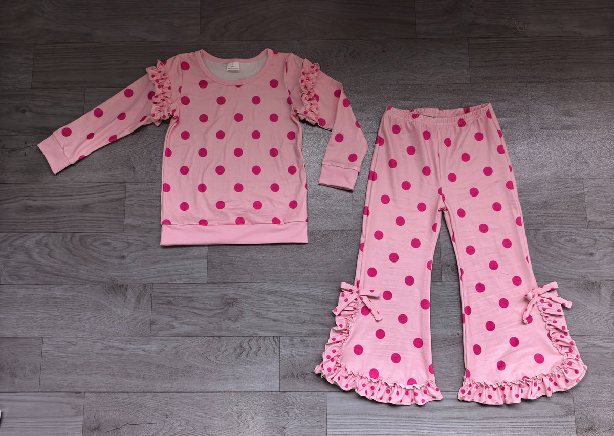 ( No moq ) Preorder Baby Girls Kids Long Sleeves Dots Shirt Bows Ruffle Pants Pink Set Clothes