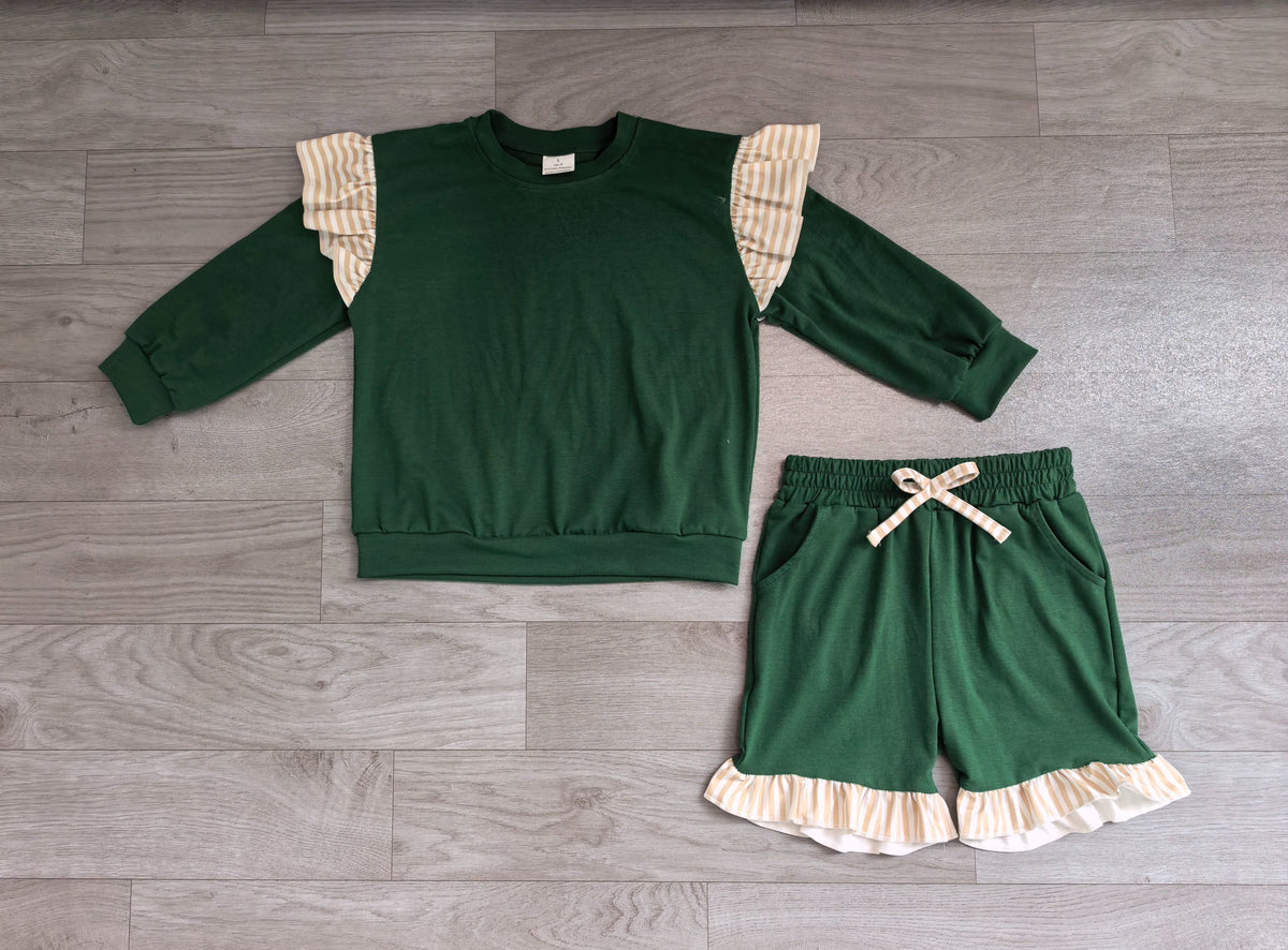 ( No moq ) Preorder Baby Girls Kids Long Sleeves Tops Pockets Shorts Cotton Set Green Clothes