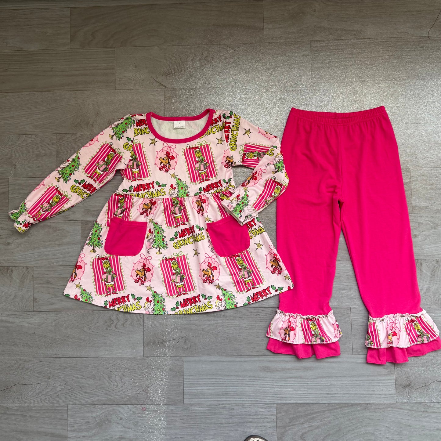 ( No moq ) Preorder Baby Girl Kids Christmas Face Bows Pockets Tunic Pink Pants Set Clothes