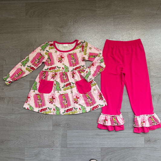 Baby Girl Kids Christmas Face Bows Pockets Tunic Pink Pants Set Clothes RTS