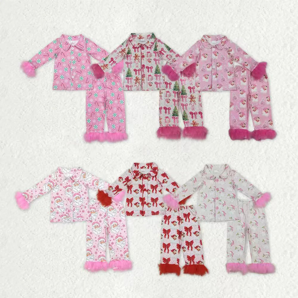 Girls Kids Fur Long Sleeves Bows Santa Buttons Shirt Pants Christmas Set Sibling Pajamas Clothes RTS