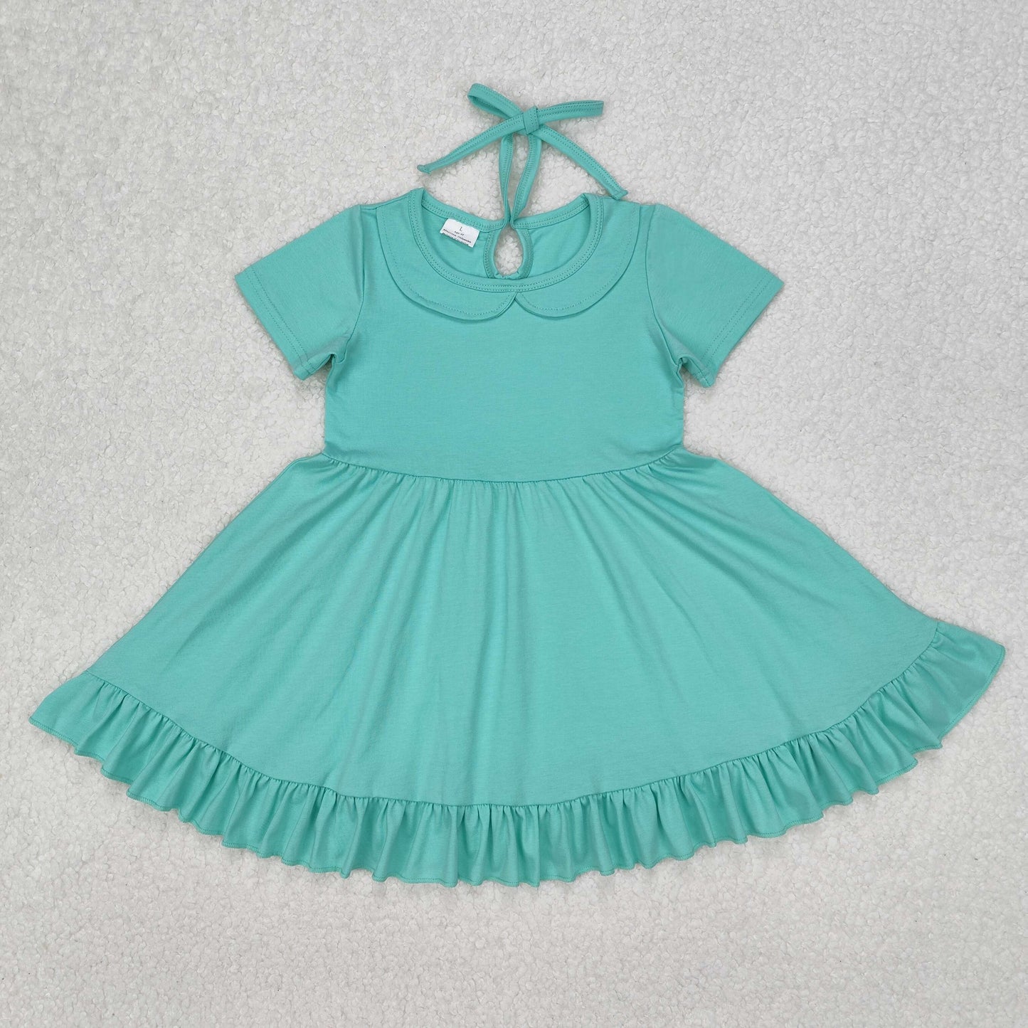 Baby Girl Short Sleeves Green Cotton Ruffle Knee Length Dress RTS