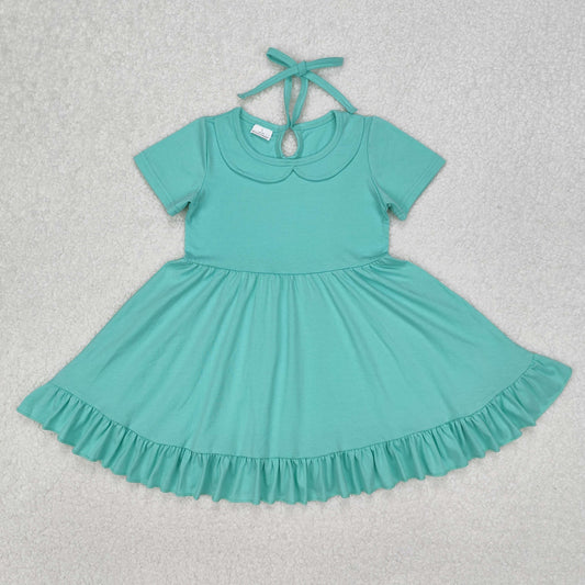 Baby Girl Short Sleeves Green Cotton Ruffle Knee Length Dress RTS