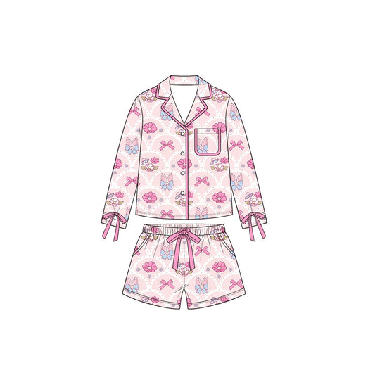 ( Moq 5 ) Preorder Baby Girls Kids Rabbits Bows Flower Buttons Shirt Pockets Shorts Set Easter Pajamas Clothes