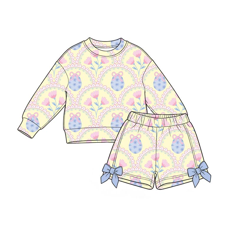 ( Moq 5 ) Preorder Baby Girls Kids Long Sleeves Eggs Bows Flower Shirt Shorts Set Easter Clothes