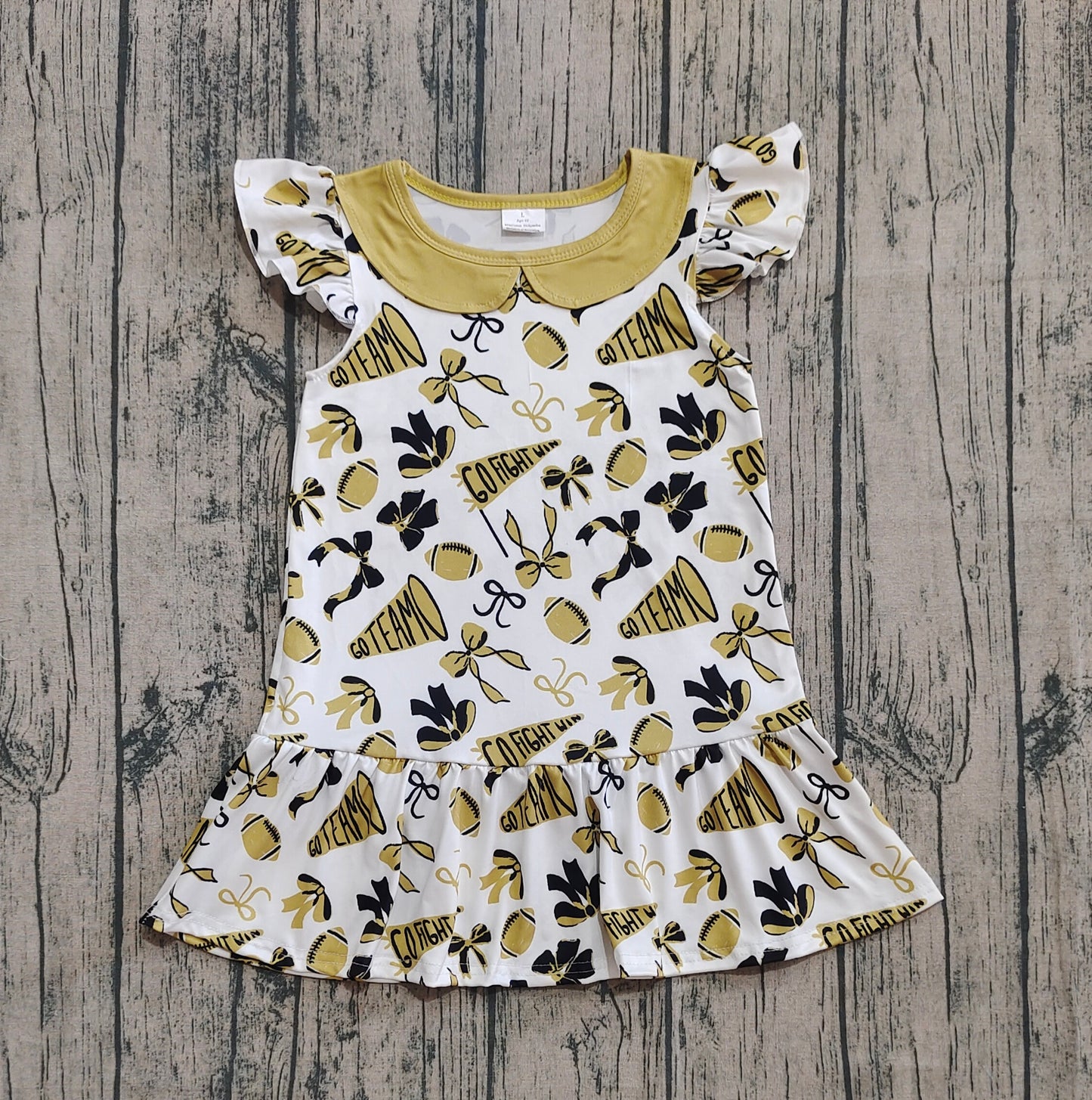 ( No moq ) Preorder Baby Girl Short Sleeves Gold Bows Cheer Knee Length Dress