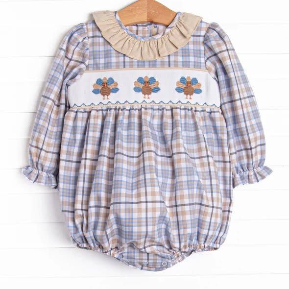 ( No moq ) Preorder Baby Girls Infant turkey Plaid Ruffle Bubble Romper Fall Clothes