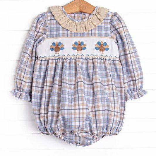 ( Moq 5 ) Preorder Baby Girls Infant turkey Plaid Ruffle Bubble Romper Fall Clothes