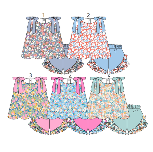 ( Moq 5 Each Style ) Sibling Baby Girls Kids Sleeveless Flower Tops Ruffle Shorts Sets Summer Clothes