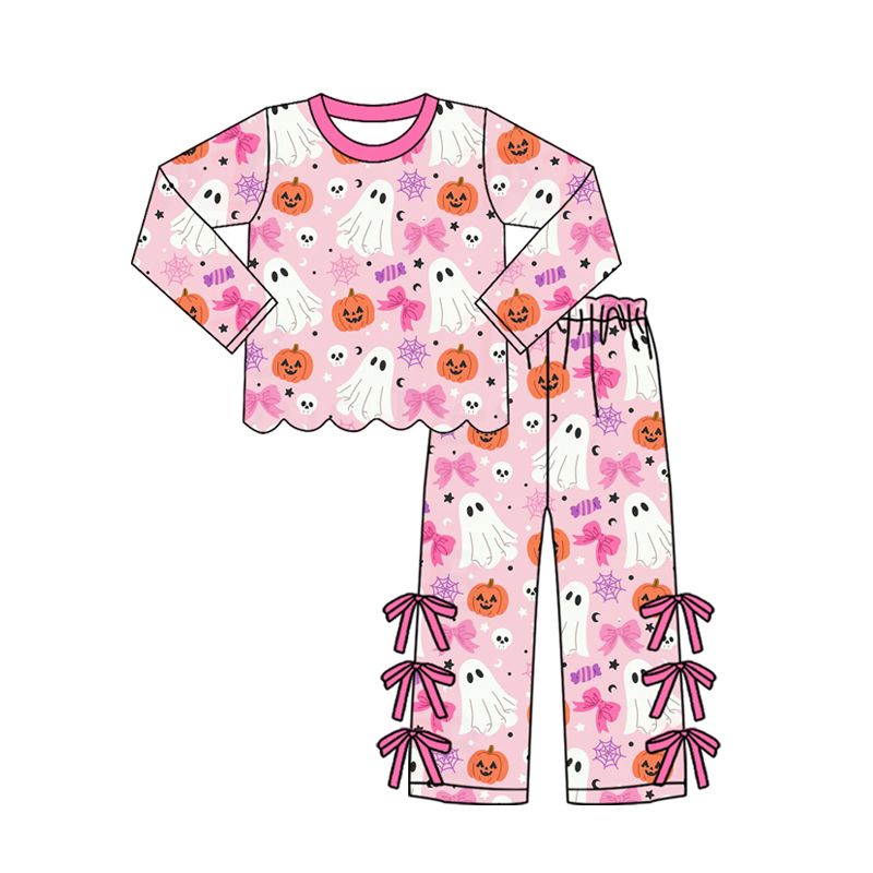 ( Moq 5 ) Preorder Baby Girls Kids Ghosts Pumpkins Scallop Shirt Bows Pants Set Halloween Clothes