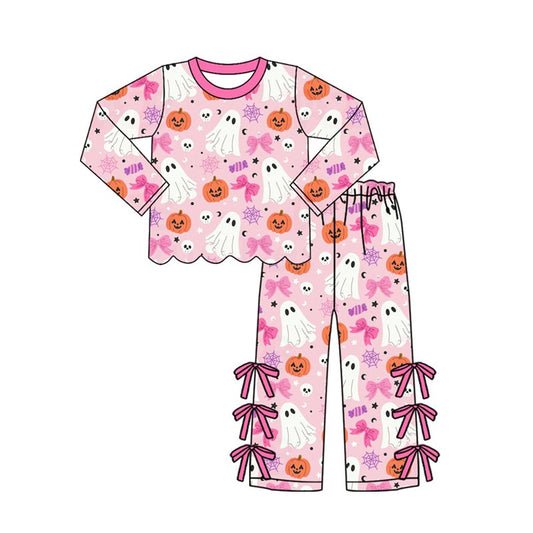 ( Moq 5 ) Preorder Baby Girls Kids Ghosts Pumpkins Scallop Shirt Bows Pants Set Halloween Clothes