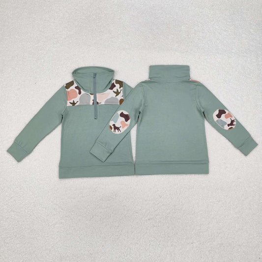 Baby Boy Long Sleeves Camo Dog Ducks Zipper Green Pullover Tops