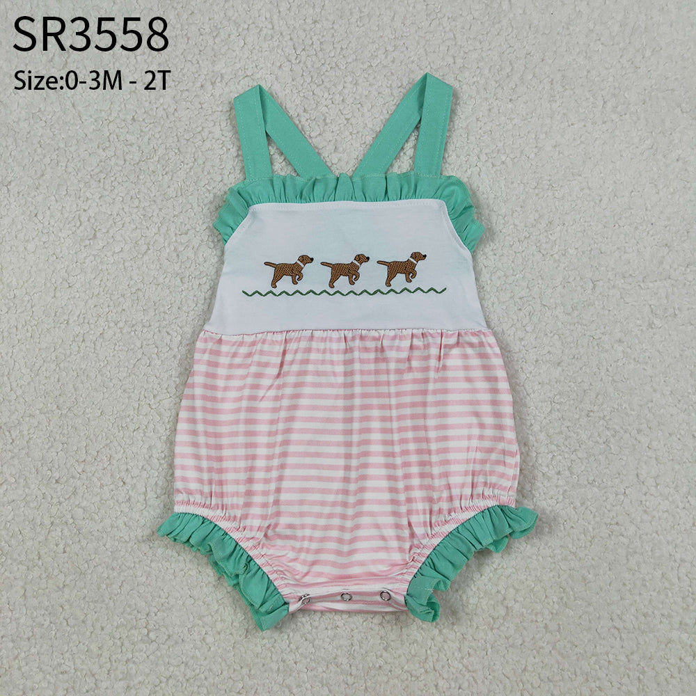 Baby Girls Infant Straps Embroidery Dogs Stripes Ruffle Bubble Romper RTS