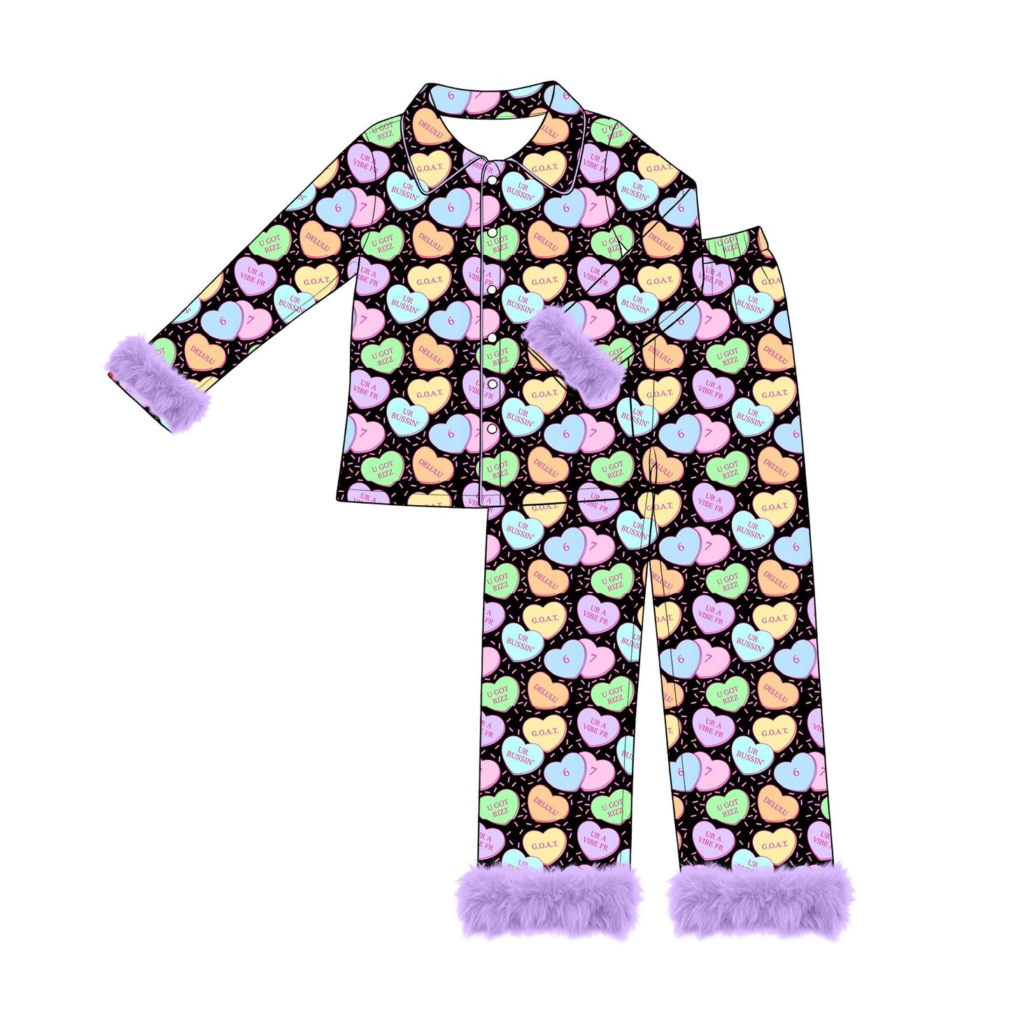 ( Moq 5 ) Preorder Adult Women Valentine Candy Hearts Buttons Shirt Fur Pants Pajamas Set