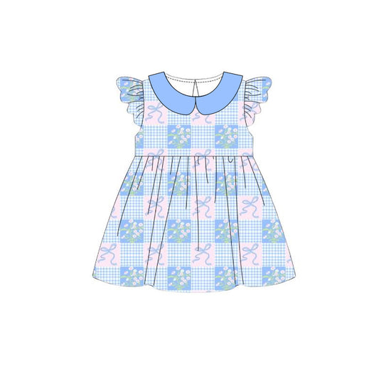 ( Moq 5 ) Preorder Baby Girls Kids Short Sleeves Bows Flower Plaid Knee Length Dress