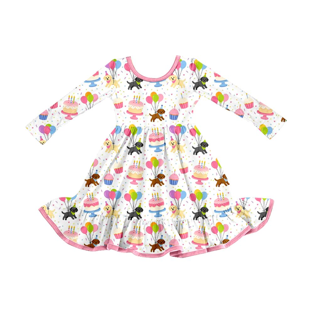 ( Moq 5 ) Preorder Baby Girls Kids Long Sleeves Dogs Birthday Knee Length Ruffle Dress Clothes