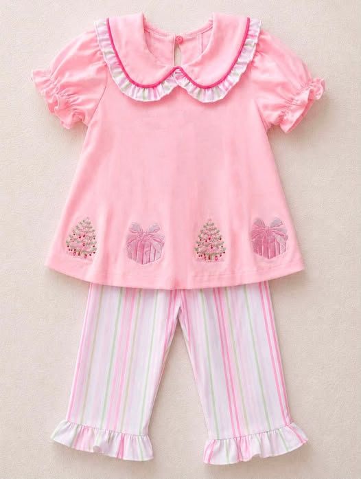 ( Moq 5 ) Preorder Baby Girls Kids Short Sleeves Christmas Tree Tunic Stripes Pants Pink Set Clothes