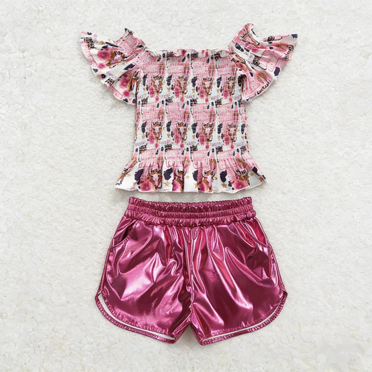 Baby Girl Kids Short Sleeves Cow Flower Tops Leather Shorts Set Western Clothes RTS