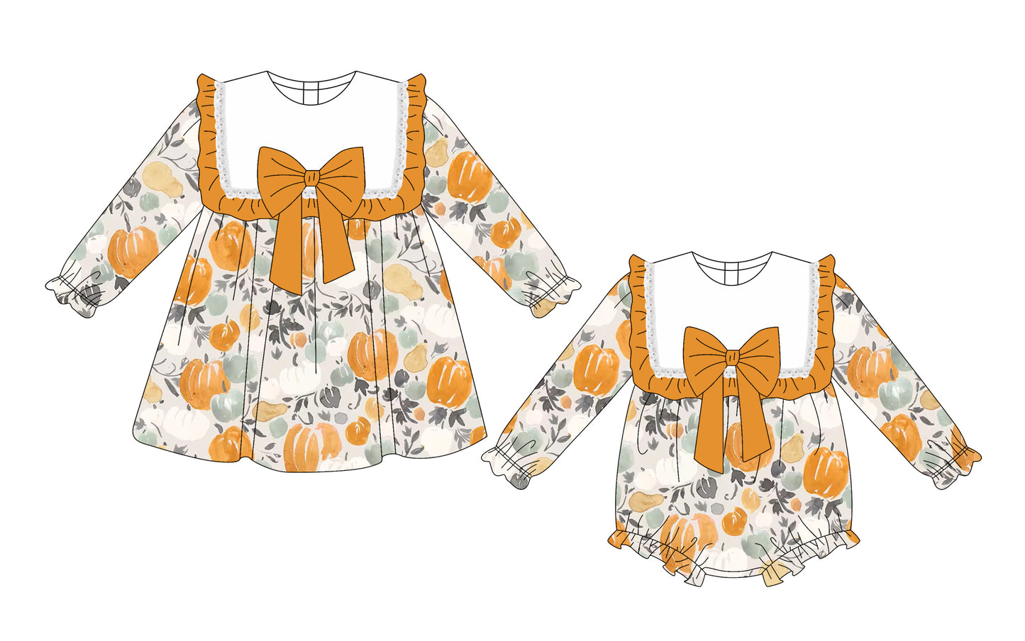 ( Moq 5 Each Style ) Sibling Baby Girls Kids Long Sleeves Pumpkins Bows Romper Dress Set Fall Clothes
