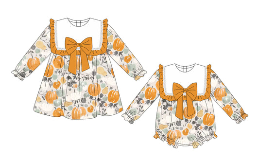( Moq 5 Each Style ) Sibling Baby Girls Kids Long Sleeves Pumpkins Bows Romper Dress Set Fall Clothes