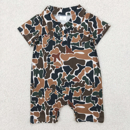 Baby Boy Infant Short Sleeves Brown Camo Buttons Romper RTS