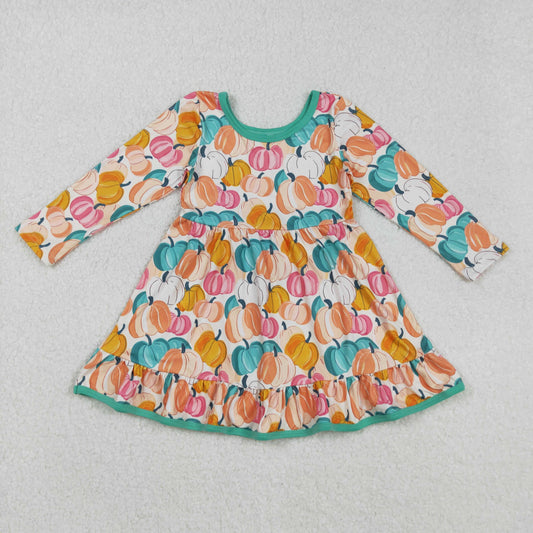 Baby Girl Long Sleeves Pumpkins Ruffle Fall Knee Length Dress RTS