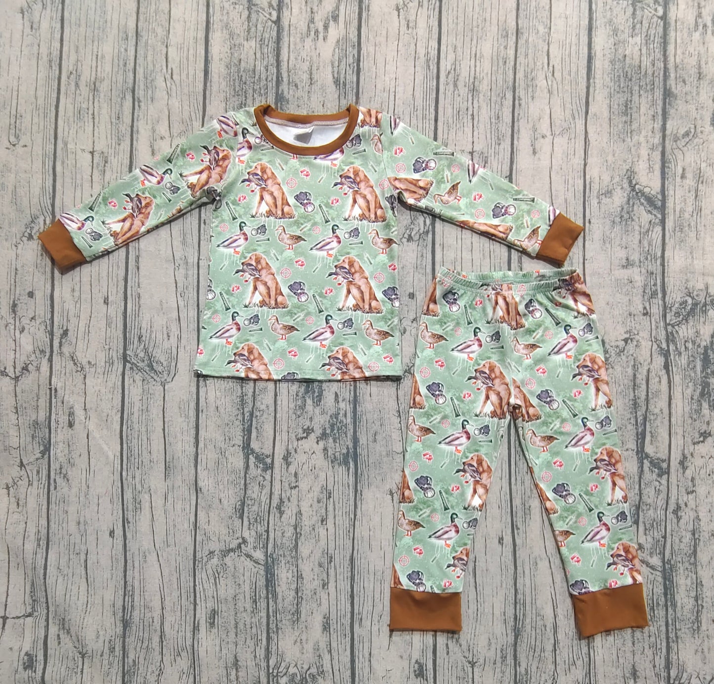 Baby Boy Green Long Sleeves Dogs Ducks Baseball Shirt Pant Pajamas Set RTS